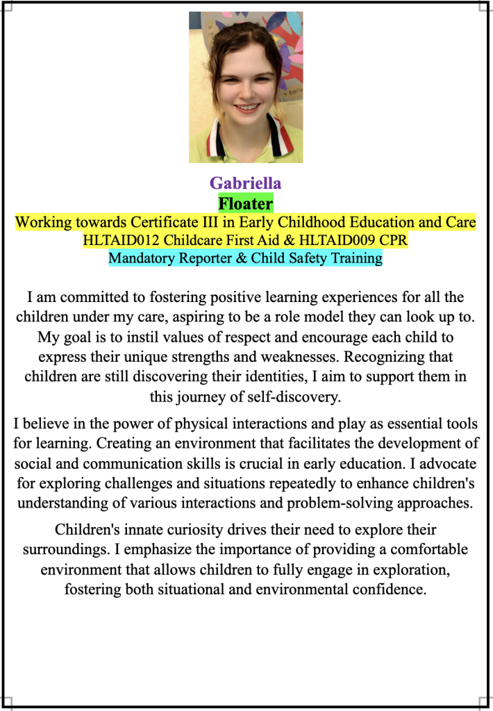 Staff profile introduction for Gabriella at Super Stars Early Learning Centre and OSHC