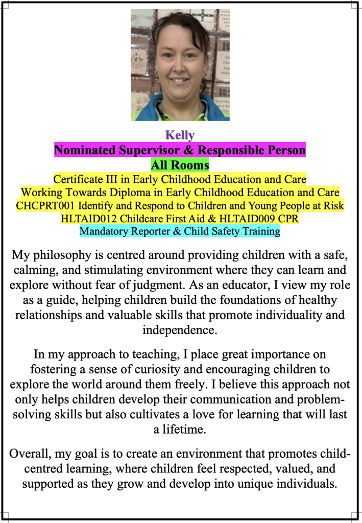 Staff profile introduction for Kelly at Super Stars Early Learning Centre and OSHC