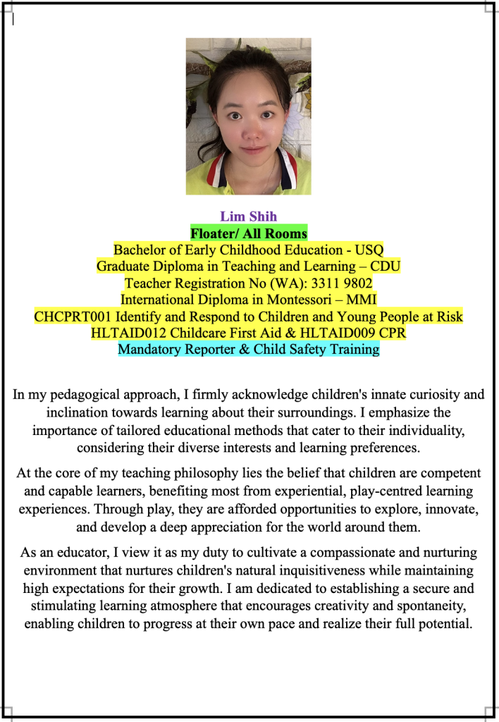 Staff profile introduction for Lim Shih at Super Stars Early Learning Centre and OSHC