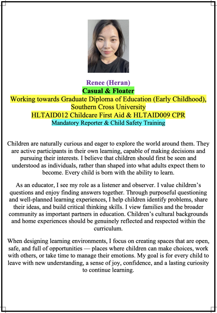 Staff profile introduction for Renee Heran at Super Stars Early Learning Centre and OSHC