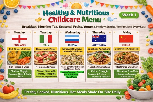 Sample weekly healthy and nutritious childcare menu at Super Stars