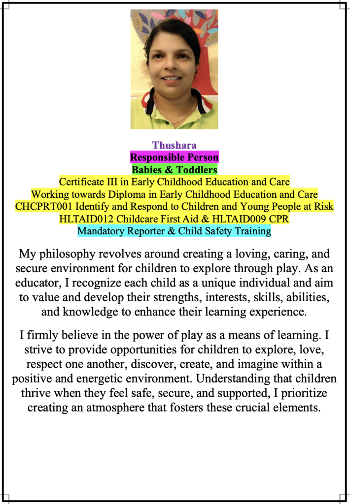 Staff profile introduction for Thushara at Super Stars Early Learning Centre and OSHC